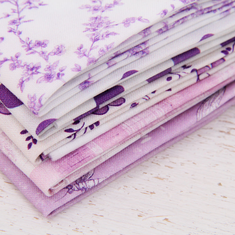 Fat Quarter Bundle - Five White & Purple Precut Cotton Fabrics - Threadart.com