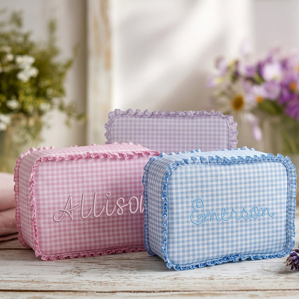Personalized Ruffle Gingham Pouch with Embroidered Name or Monogram - Threadart.com