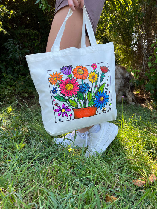 Color Your Own Tote Bag - Flower Design - Tote Bag and Fabric Marking Pens Included With Set - Threadart.com