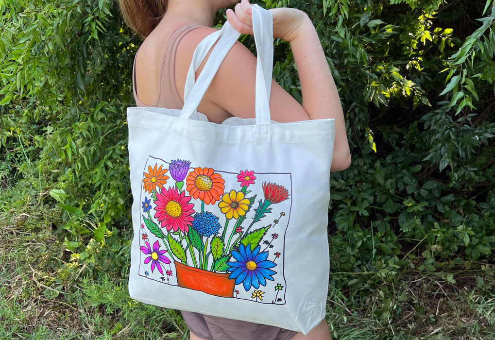 Color Your Own Tote Bag - Flower Design - Tote Bag and Fabric Marking Pens Included With Set - Threadart.com