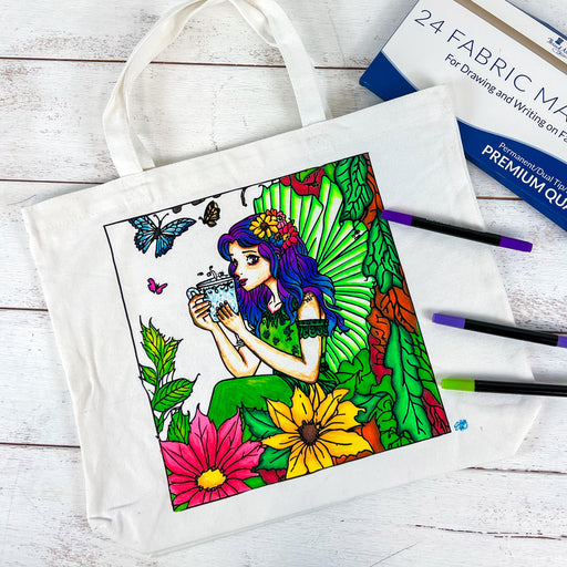 Color Your Own Tote Bag - Tea Fairy Design - Tote Bag and Fabric Marking Pens Included With Set - Threadart.com