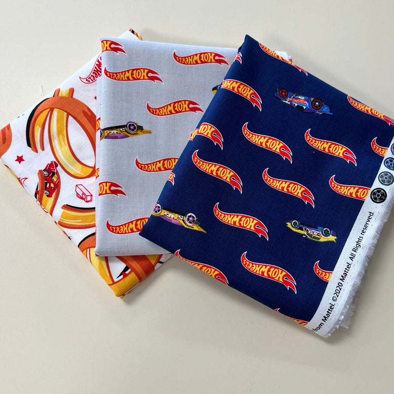 Clearance Fabric Bundle - Hot Wheels - 3 Half Yard Cuts of Cotton Fabric - Threadart.com