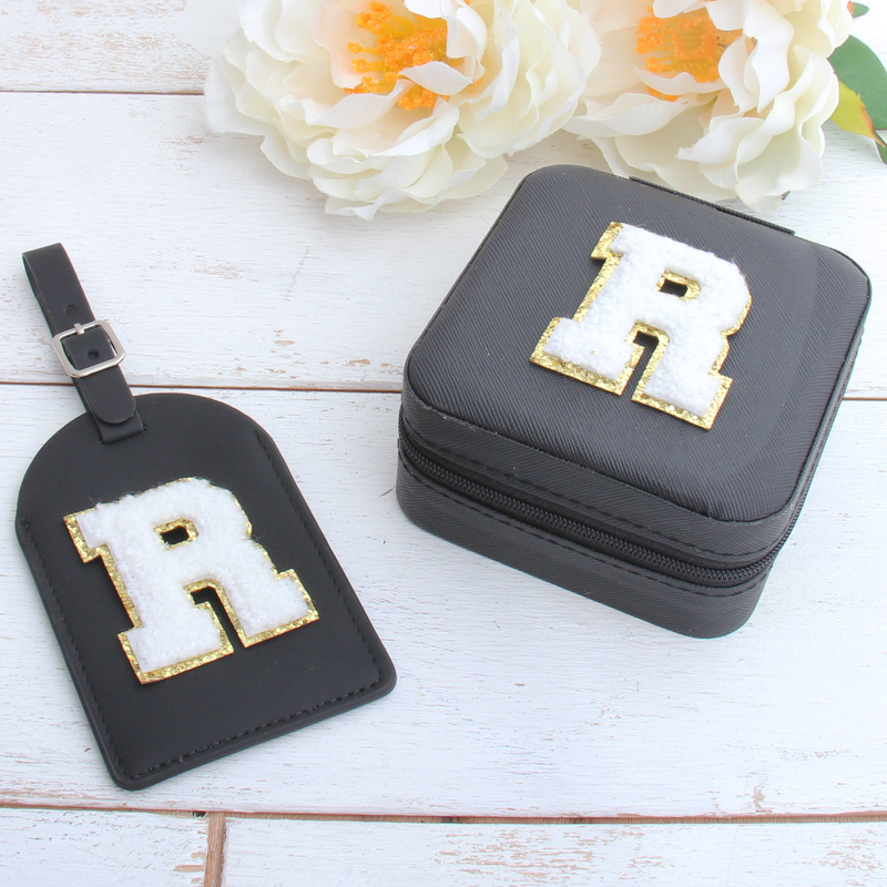 Monogrammed Luggage Tag With Chenille Letters - Pink, White, or Black - Threadart.com