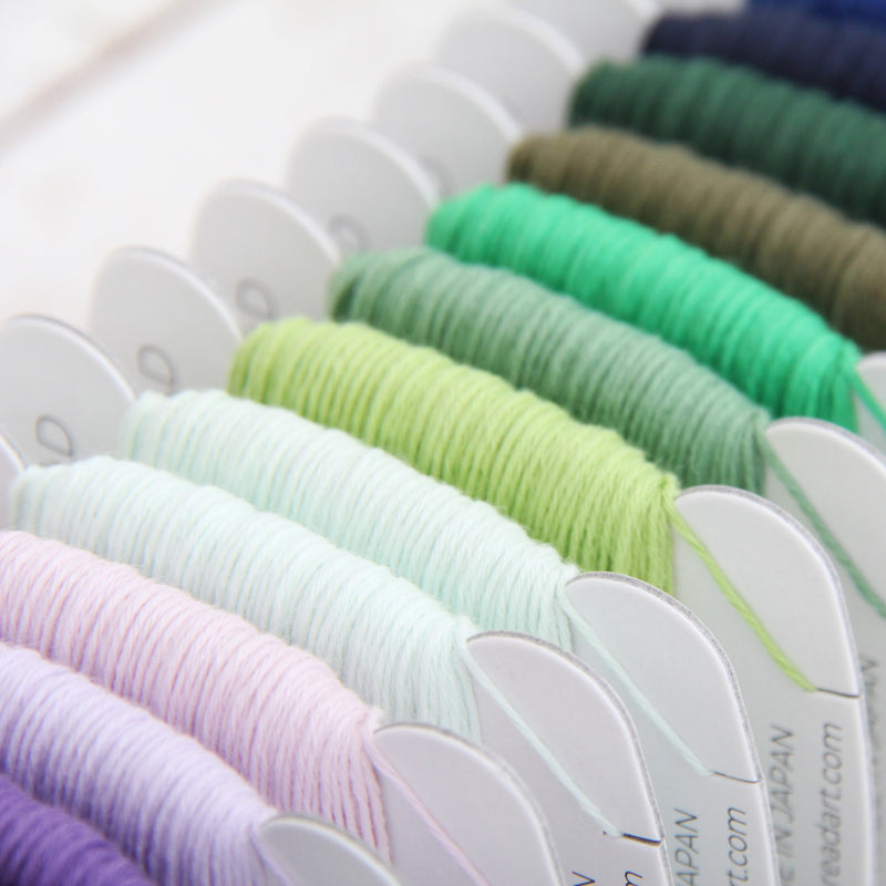 Shades of Green Sashiko Thread Set, 5 Colors - 100% Cotton, Size 20/6 - Threadart.com
