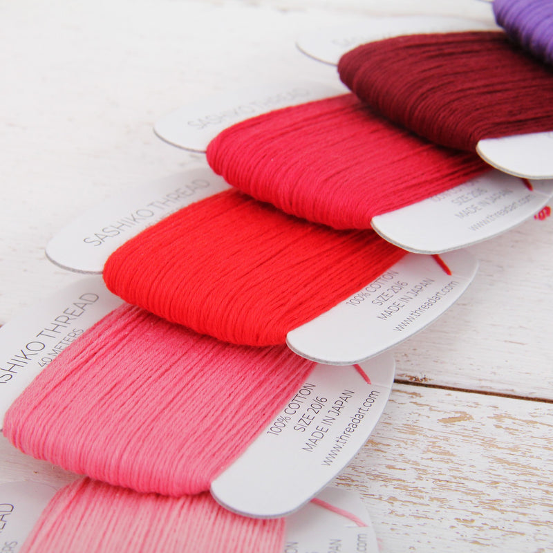 Visible Mending Sashiko Thread Set, 4 Colors: Black, Grey, Denim Blue, Maroon - 100% Cotton, Size 20/6 - Threadart.com