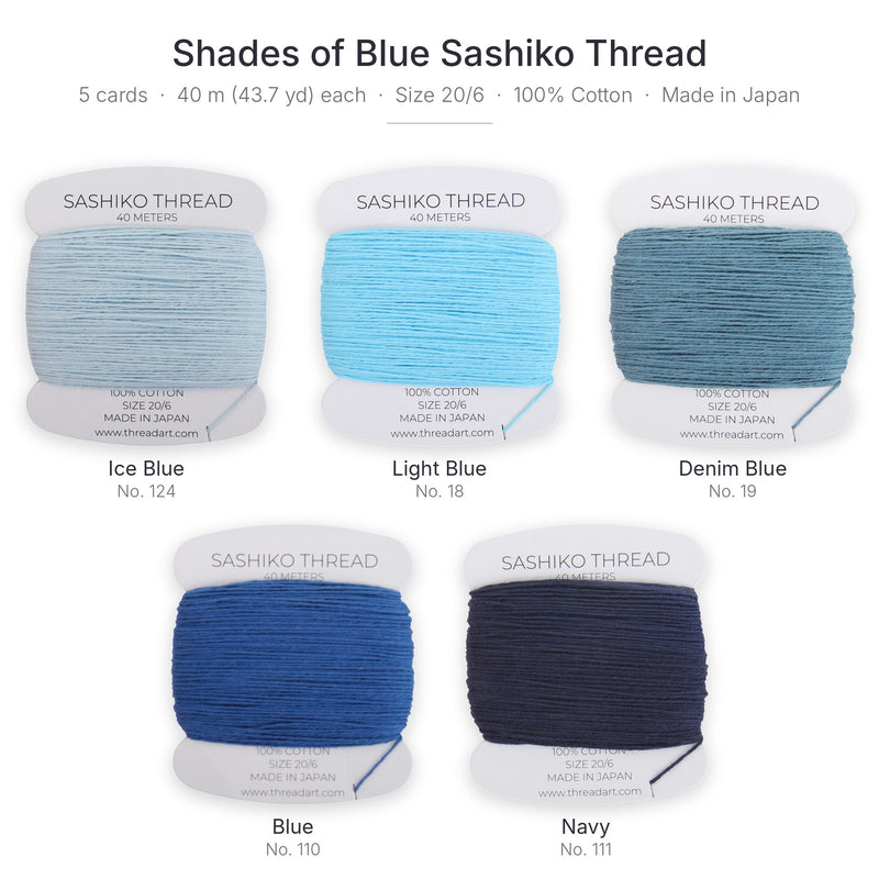 Shades of Blue Sashiko Thread Set, 5 Colors - 100% Cotton, Size 20/6 - Threadart.com