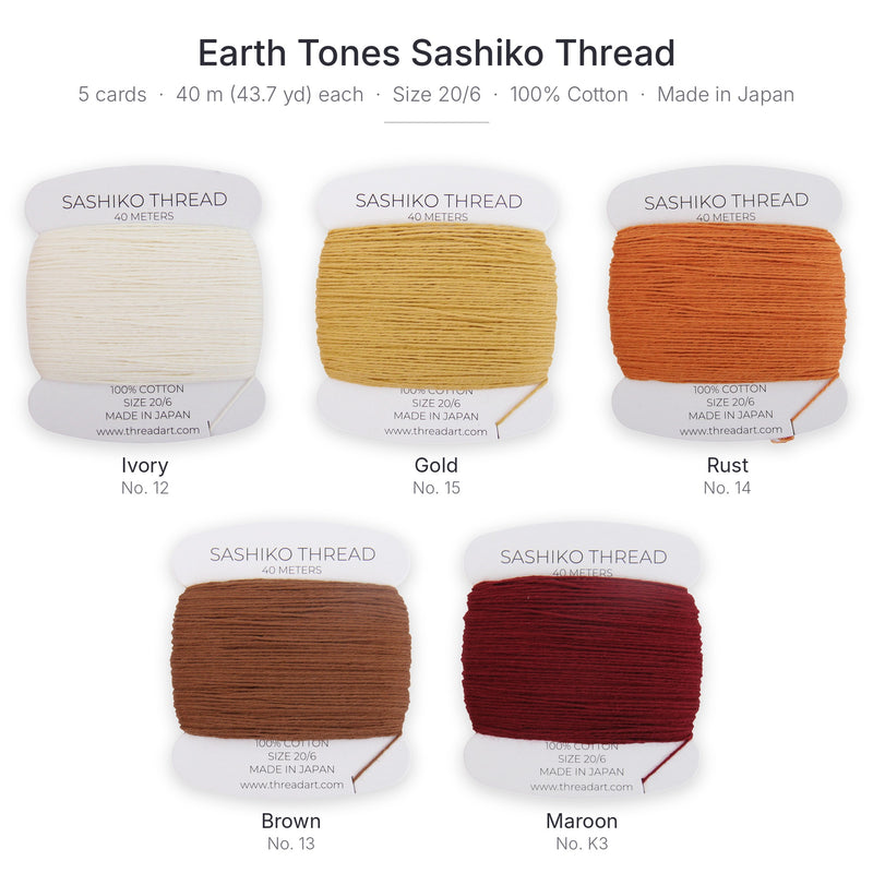 Earth Tones Sashiko Thread Set, 5 Colors - 100% Cotton, Size 20/6 - Threadart.com