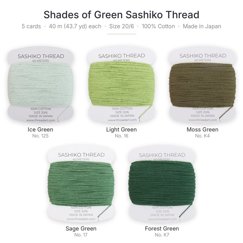 Shades of Green Sashiko Thread Set, 5 Colors - 100% Cotton, Size 20/6 - Threadart.com