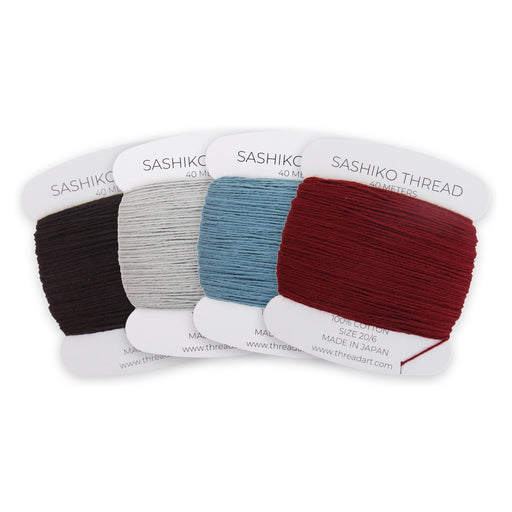 Visible Mending Sashiko Thread Set, 4 Colors: Black, Grey, Denim Blue, Maroon - 100% Cotton, Size 20/6 - Threadart.com