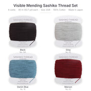 Visible Mending Sashiko Thread Set, 4 Colors: Black, Grey, Denim Blue, Maroon - 100% Cotton, Size 20/6 - Threadart.com