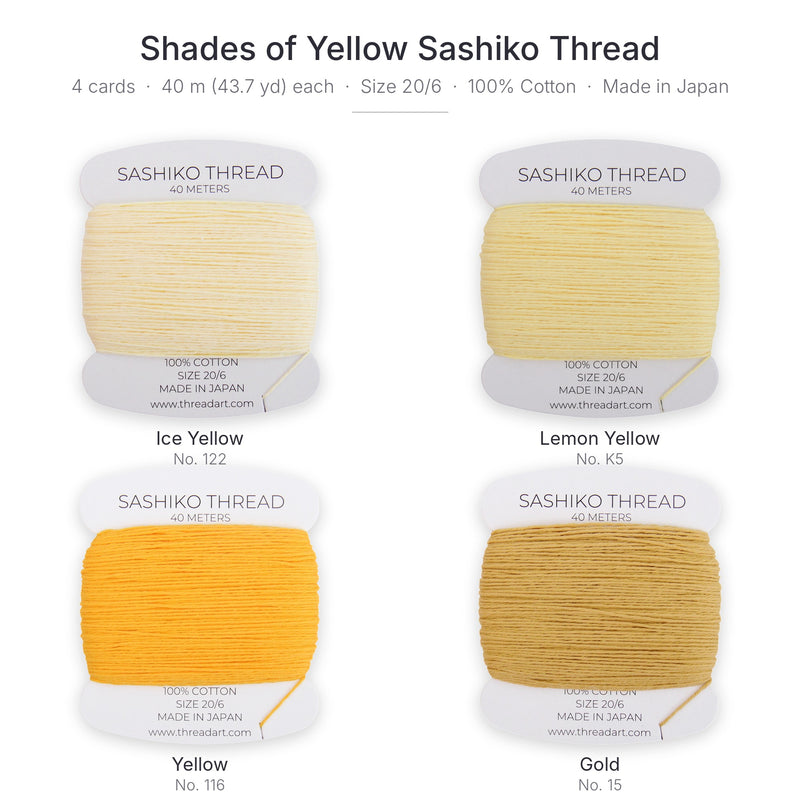 Shades of Yellow Sashiko Thread Set, 4 Colors - 100% Cotton, Size 20/6 - Threadart.com