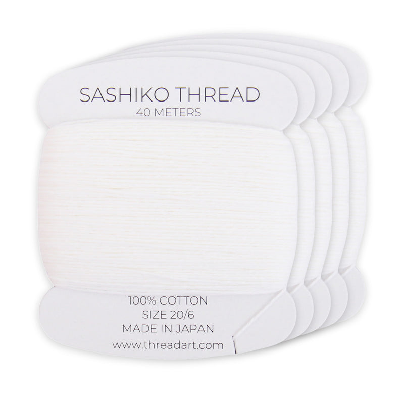 White Sashiko Thread, 5 Cards - 100% Cotton, Size 20/6, 200 Meters Total - Threadart.com