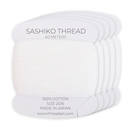 White Sashiko Thread, 5 Cards - 100% Cotton, Size 20/6, 200 Meters Total - Threadart.com