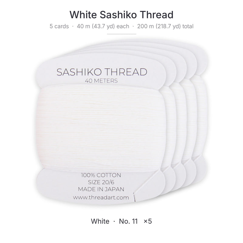 White Sashiko Thread, 5 Cards - 100% Cotton, Size 20/6, 200 Meters Total - Threadart.com