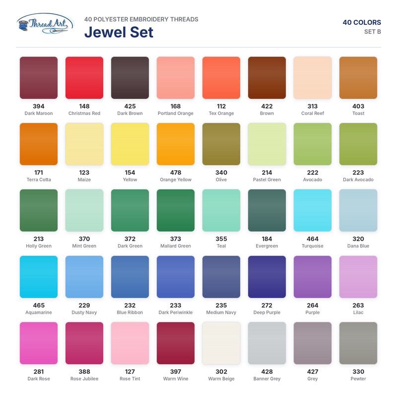 40 Colors Polyester Embroidery Thread Set- 1000M Cones - Set B - Threadart.com