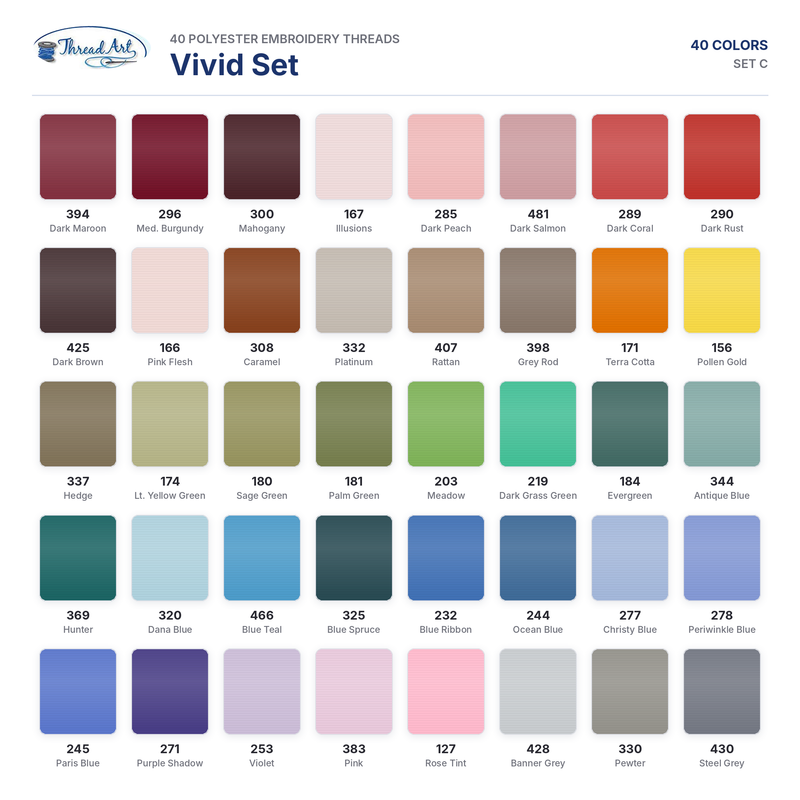 40 Colors Polyester Embroidery Thread Set- 1000M Cones - Set C - Threadart.com