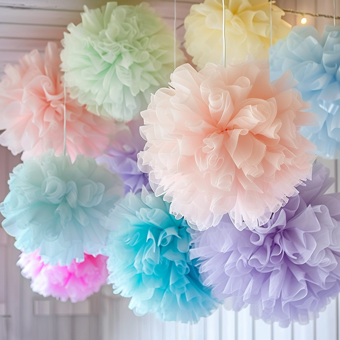 a collection of colorful pom pom decorations hanging from the ceiling.