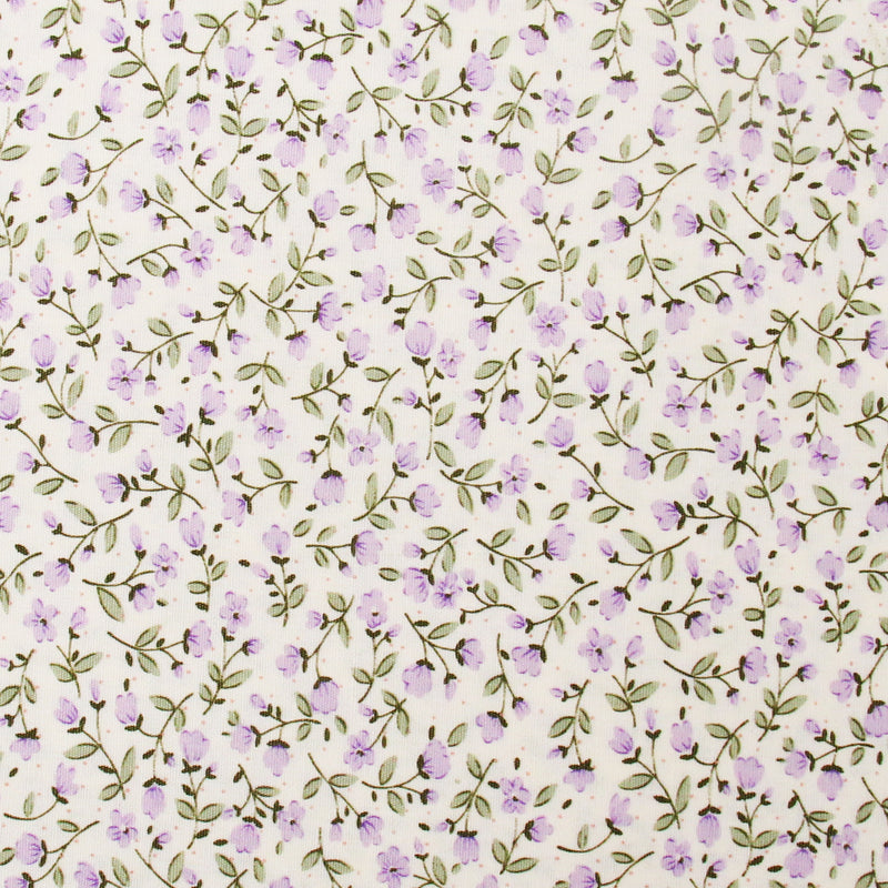 a repeating pattern of small purple flowers and green leaves on a light-colored background.