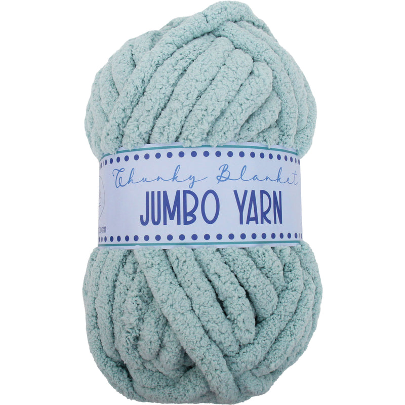 A ball of light blue, chunky yarn labeled as "Jumbo Yarn" is shown against a white background.