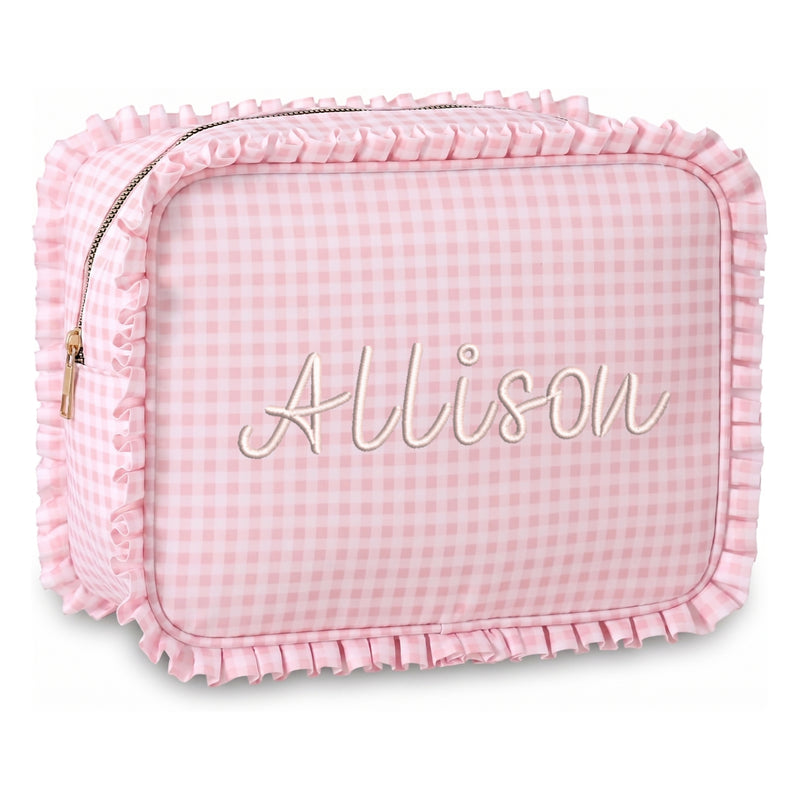 Personalized Ruffle Gingham Pouch with Embroidered Name or Monogram - Threadart.com