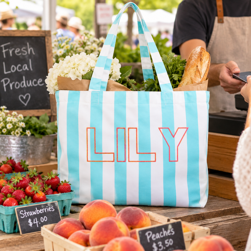Personalized Striped Tote Bag - Embroidered Monogram or Name