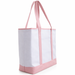 A white tote bag with pink trim, featuring two handles and a zipper closure.