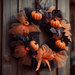 A Halloween wreath made of orange pumpkins, black bats, and orange ribbons, hanging on a wooden wall.