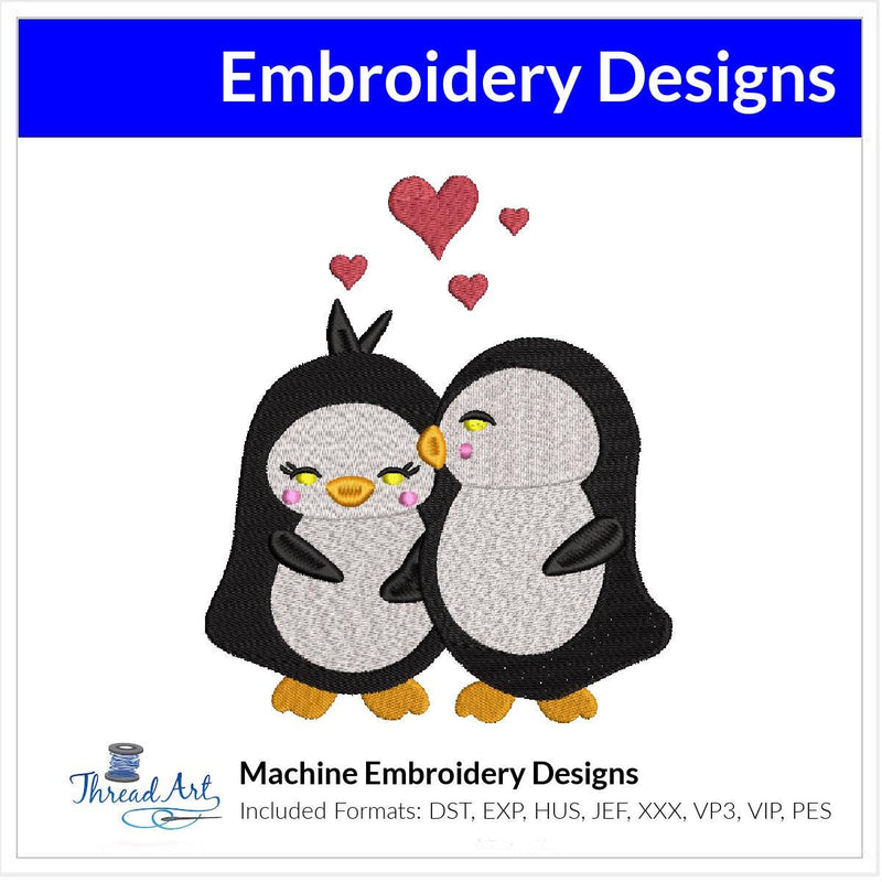 Valentine Penguins in Love Machine Embroidery Design Instant Download - 3 Sizes - 8 Formats - ThreadArt - Threadart.com