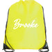 A yellow drawstring bag with the name "Brooke" printed on it in white text.