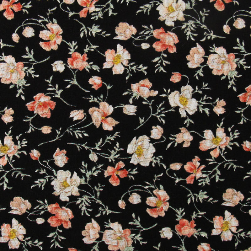 a close-up view of a black background adorned with a repeating floral pattern of pink and white flowers. The flowers are arranged in a way that creates a visually appealing and intricate design, with each flower and leaf contributing to the overall aesthetic.