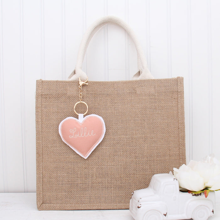 Personalized Heart Keychain - Bag Charm - Linen Fabric Plushie - Threadart.com
