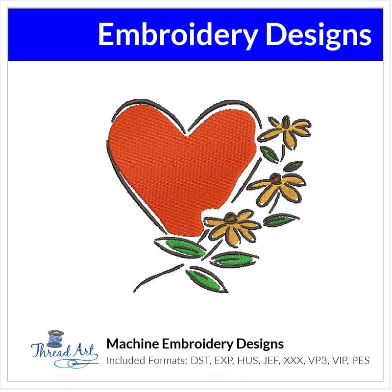 Valentine Heart Sketch with Flowers Machine Embroidery Design Instant Download - 4 Sizes - 8 Formats - ThreadArt - Threadart.com