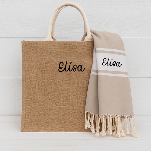 Personalized Beach Set - Jute Burlap Bag and Towel - Embroidered - Threadart.com