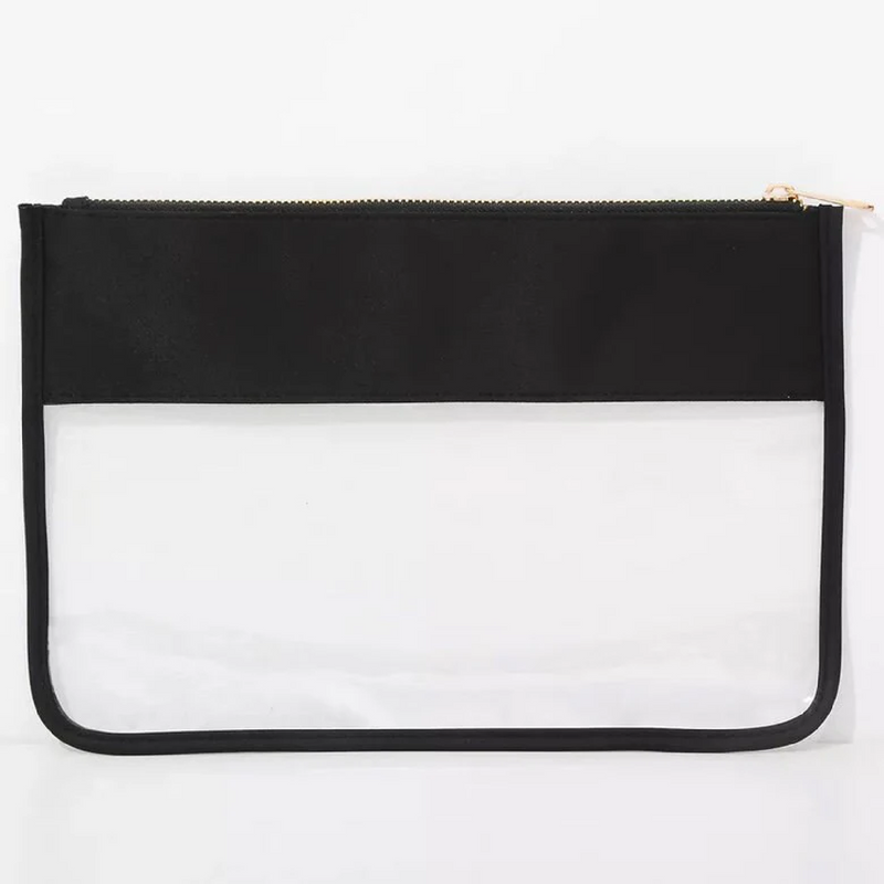Black clear zipper pouch bag with nylon top panel and gold zipper
