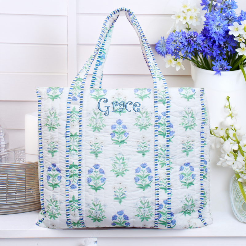 Personalized Quilted Blue Block Print Tote Bag - Embroidered Letters - Threadart.com