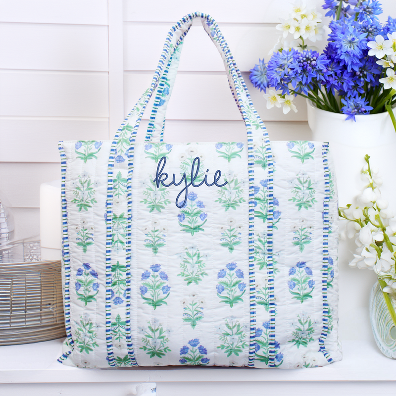 Personalized Quilted Blue Block Print Tote Bag - Embroidered Letters - Threadart.com