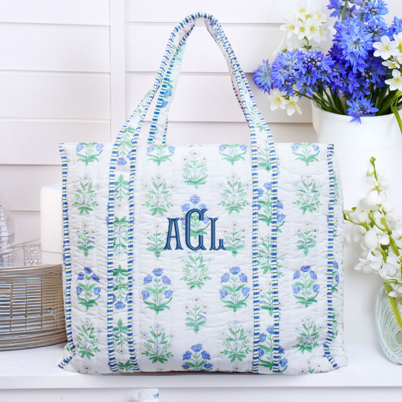 Personalized Quilted Blue Block Print Tote Bag - Embroidered With Initials - Threadart.com