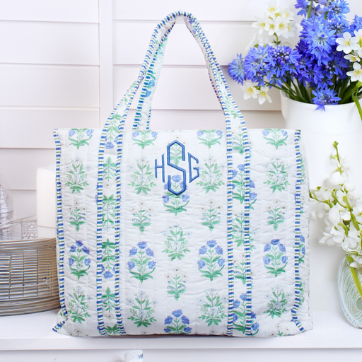 Personalized Quilted Blue Block Print Tote Bag - Embroidered With Initials - Threadart.com