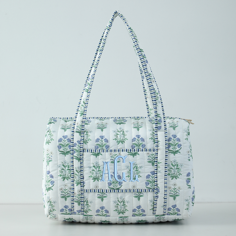 Personalized Quilted Blue Block Print Duffel Bag - Embroidered With Initials - Threadart.com
