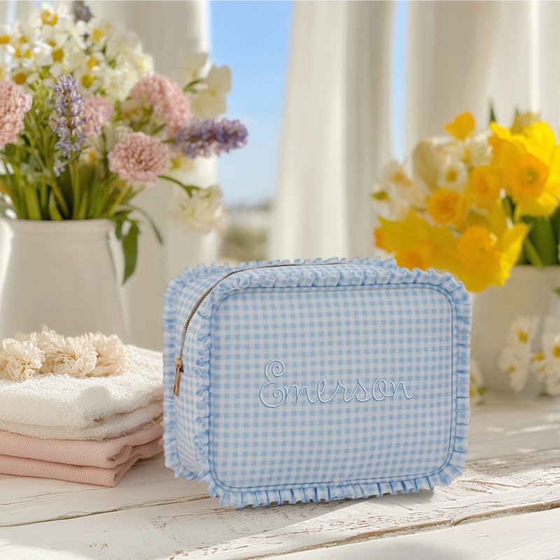 Personalized Ruffle Gingham Pouch with Embroidered Name or Monogram - Threadart.com