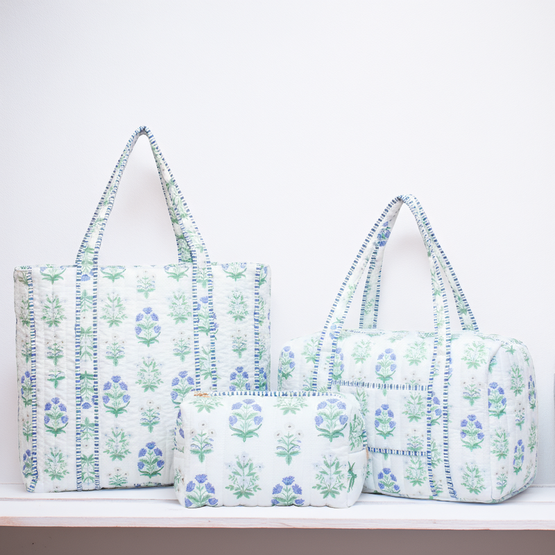 Personalized Quilted Blue Block Print Tote Bag - Embroidered With Initials - Threadart.com