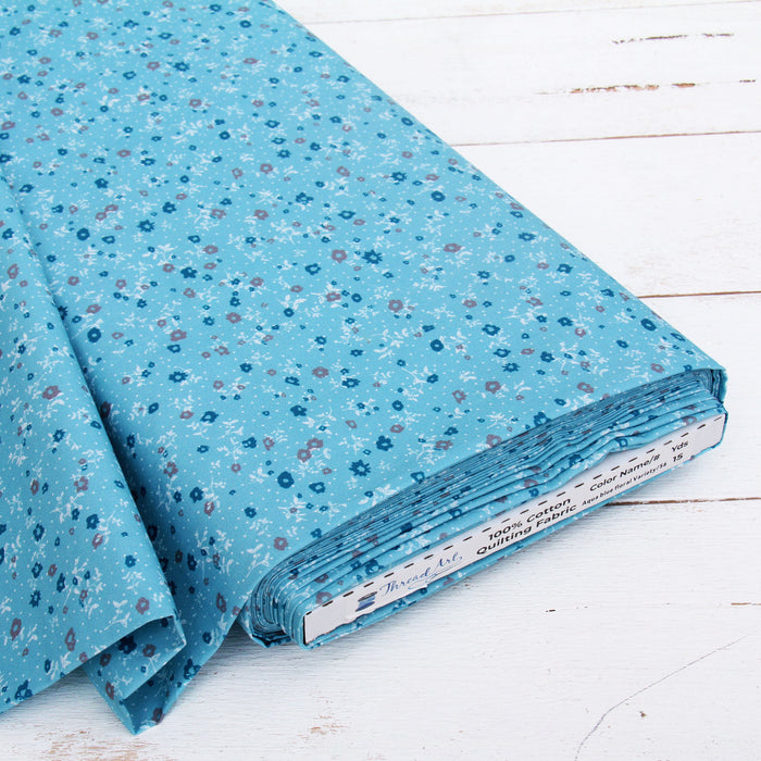 Premium Cotton Quilting Fabric Sold By The Yard - Patterned Aqua Blue Floral - Threadart.com
