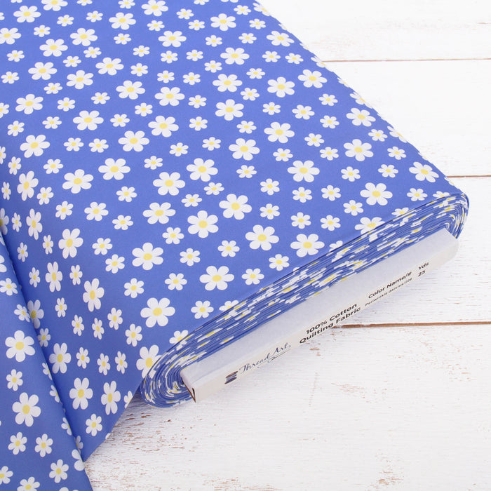 Premium Cotton Quilting Fabric Sold By The Yard - Confetti Brights Collection - Blue Daisies - Threadart.com
