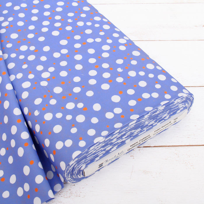 Premium Cotton Quilting Fabric Sold By The Yard - Confetti Brights Collection - Blue White Orange Dot - Threadart.com