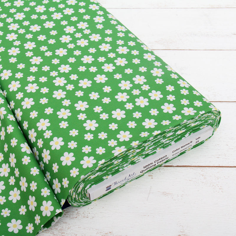 Premium Cotton Quilting Fabric Sold By The Yard - Confetti Brights Collection - Green Daisies - Threadart.com