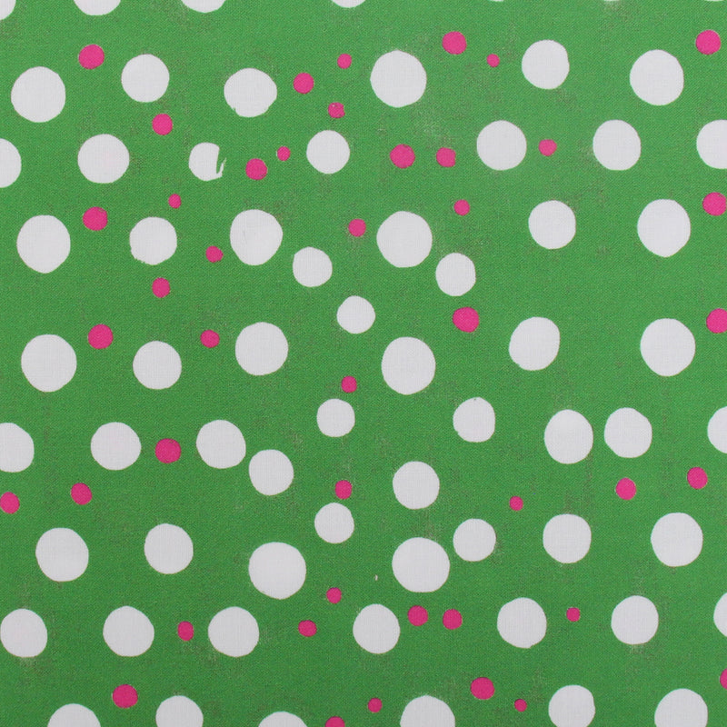 Premium Cotton Quilting Fabric Sold By The Yard - Confetti Brights Collection - Green with Pink White Dot - Threadart.com