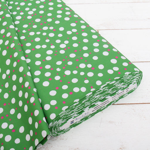 Premium Cotton Quilting Fabric Sold By The Yard - Confetti Brights Collection - Green with Pink White Dot - Threadart.com