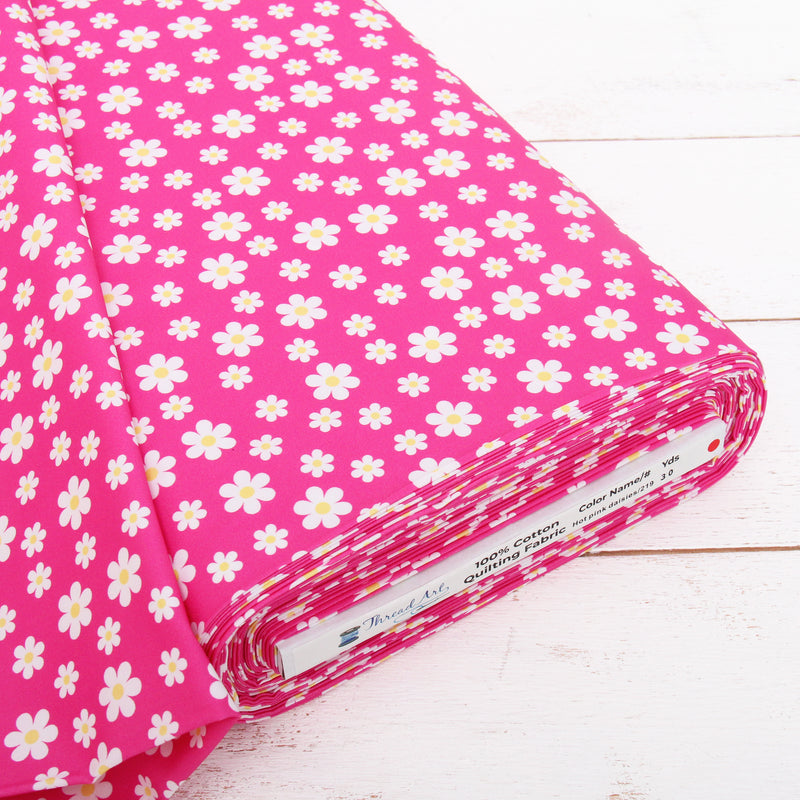 Premium Cotton Quilting Fabric Sold By The Yard - Confetti Brights Collection - Hot Pink Daisies - Threadart.com