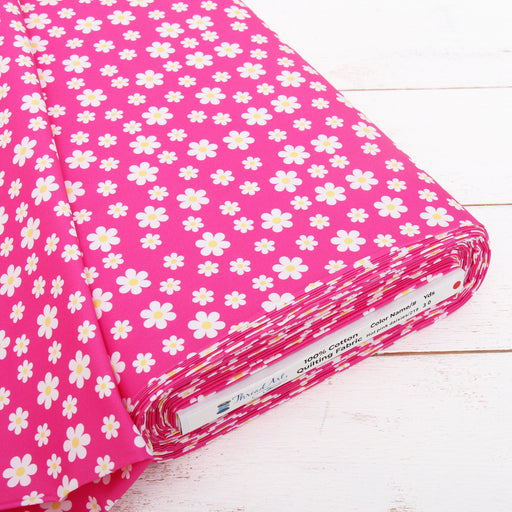 Premium Cotton Quilting Fabric Sold By The Yard - Confetti Brights Collection - Hot Pink Daisies - Threadart.com