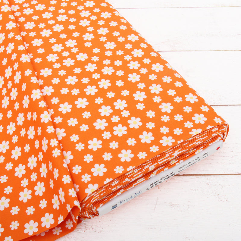 Premium Cotton Quilting Fabric Sold By The Yard - Confetti Brights Collection - Orange Daisies - Threadart.com